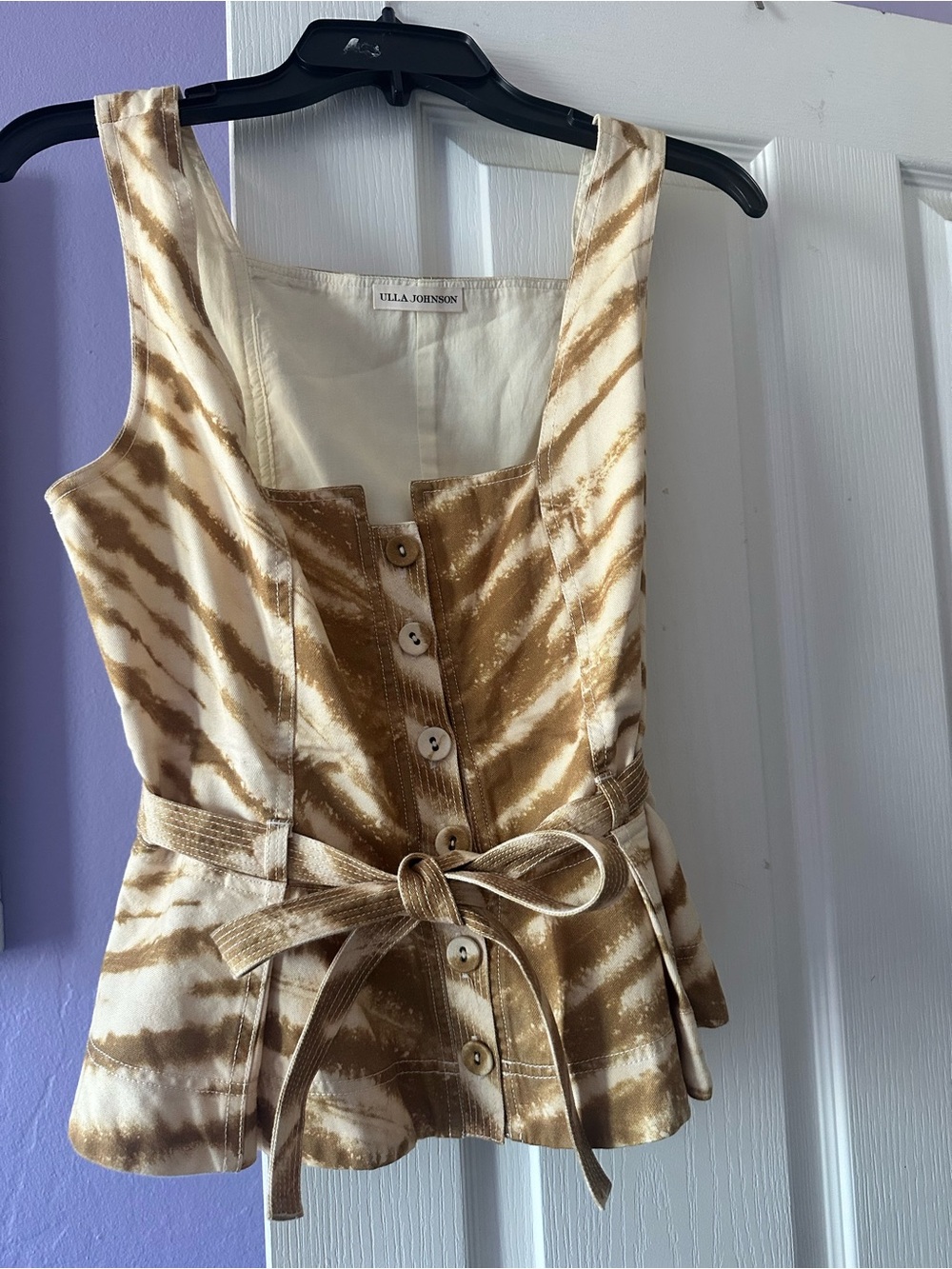 Ulla Johnson Cream & Brown Tie-Dye Button Front Peplum Dress